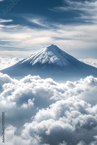 A distant snow-capped volcano rising above the clouds