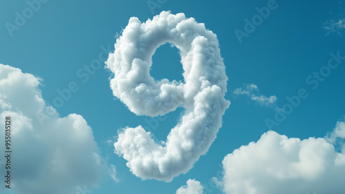 White clouds in the thin strokes in the shape of the number "9", against a pure light sky blue background. 