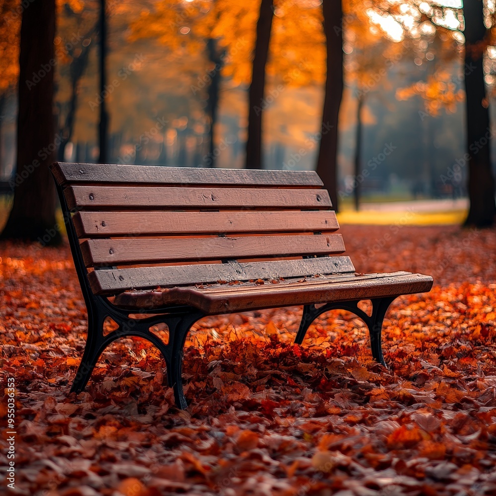 Autumn Serenity: Park Bench Amidst Vibrant Leaves Autumn Serenity: Park Bench Amidst Vibrant Leaves
