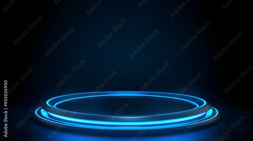 Obraz premium Technology blue circle light stage on black background