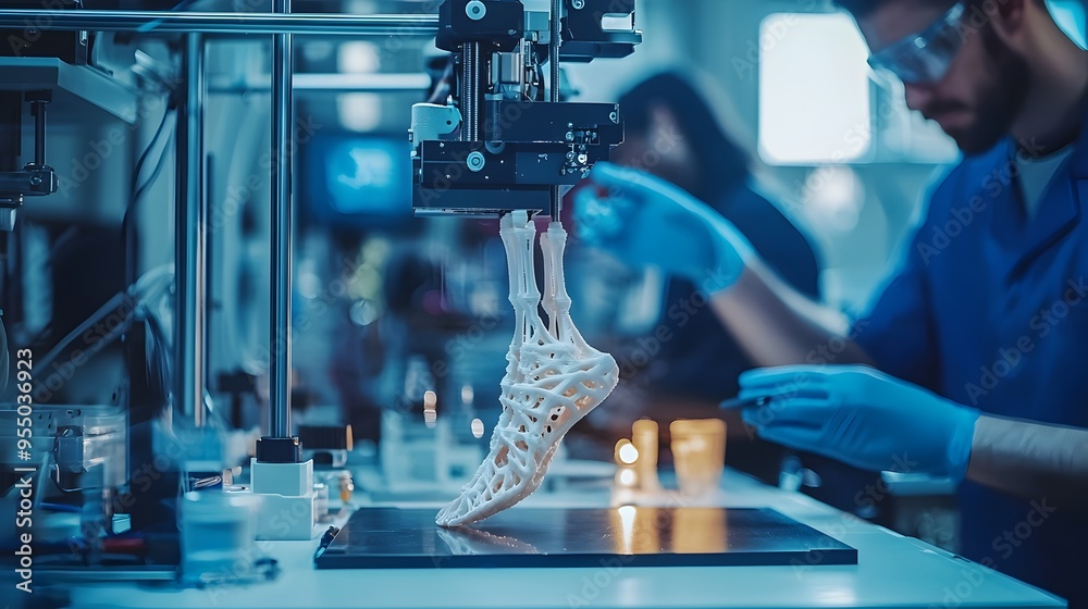 Modern Lab Fabricating 3D Printed Prosthetic Foot with Engineers Monitoring the Process Modern Lab Fabricating 3D Printed Prosthetic Foot with Engineers Monitoring the Process