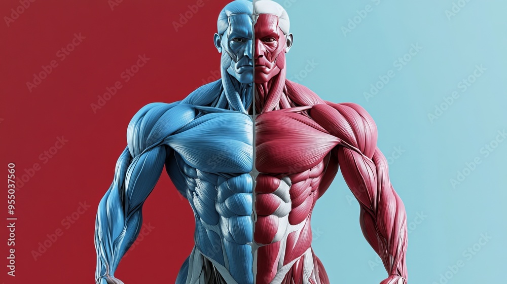 A muscular man's upper body is shown with his left side featuring blue toned muscle structure, and right side featuring red toned muscle structure against a blue and red background. A muscular man's upper body is shown with his left side featuring blue toned muscle structure, and right side featuring red toned muscle structure against a blue and red background.