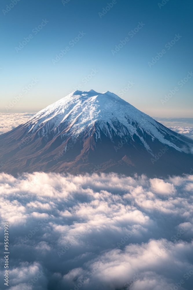Fototapeta premium A distant snow-capped volcano rising above the clouds