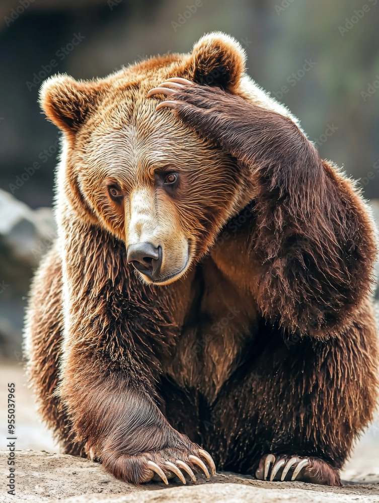 Fototapeta premium A brown bear is sitting on a rock and looking at the camera