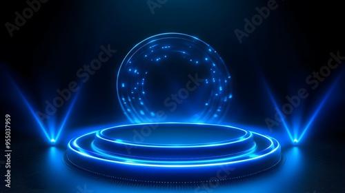 Technology blue circle light stage on black background