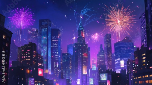 Dazzling Fireworks Display over Vibrant City Skyline