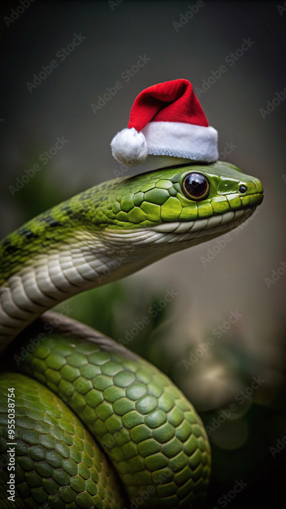 Fototapeta premium green snake in a christmas hat