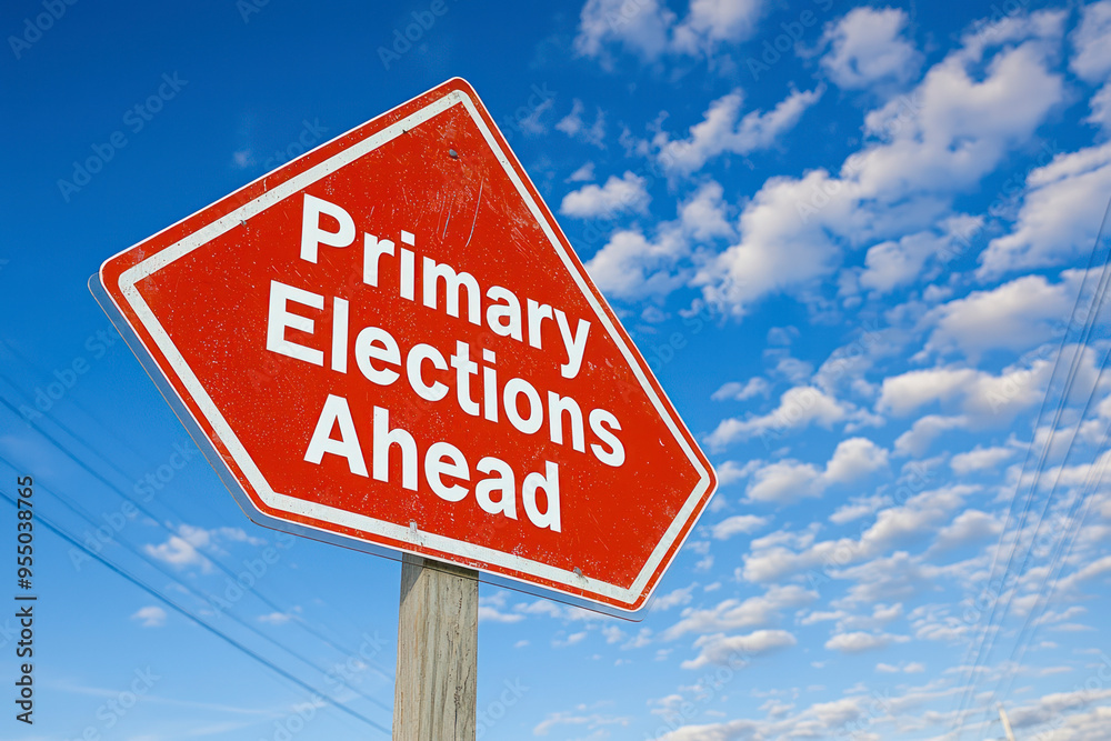 Primary Elections Ahead Caution Sign. Blue Sky Background. Primary Elections Ahead Caution Sign. Blue Sky Background.