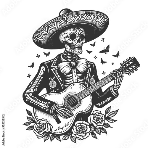 skeleton Mexican mariachi, playing guitar, symbolizing Day of the Dead or Dia de los Muertos traditions sketch engraving generative ai vector illustration. Scratch board imitation. Black and white