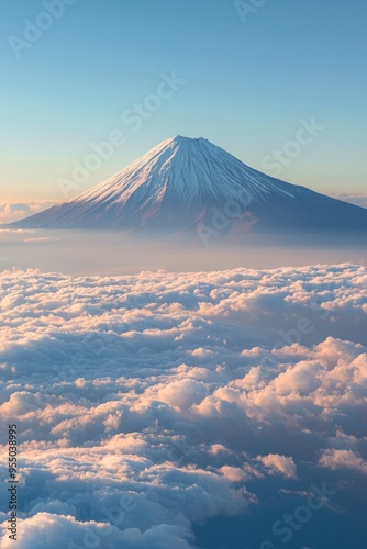 A distant snow-capped volcano rising above the clouds