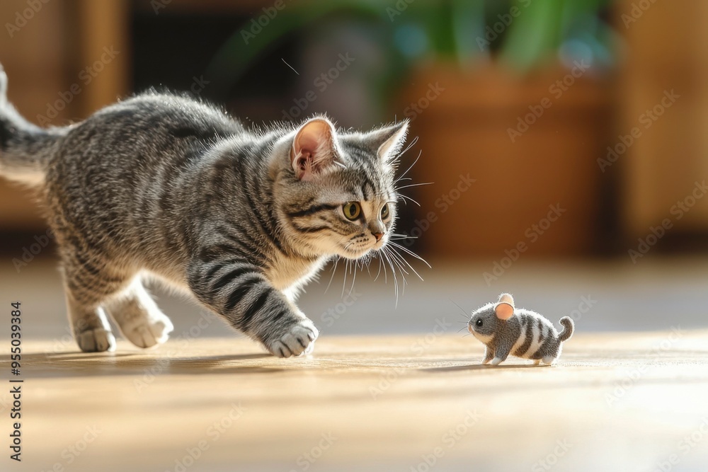 Naklejka premium A tabby kitten stalking a toy mouse on a wooden floor.