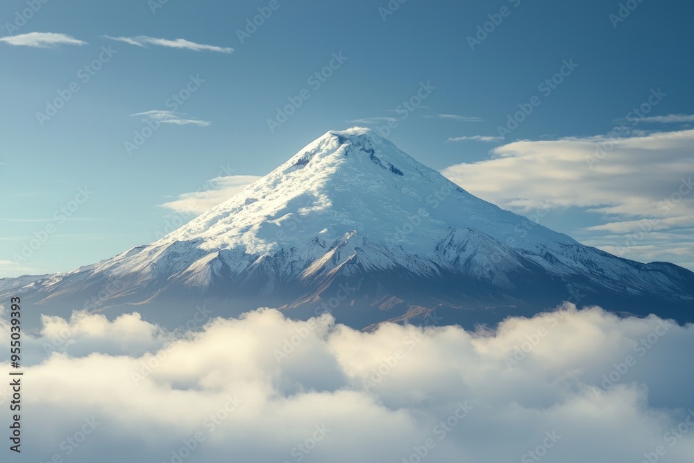 A distant snow-capped volcano rising above the clouds A distant snow-capped volcano rising above the clouds