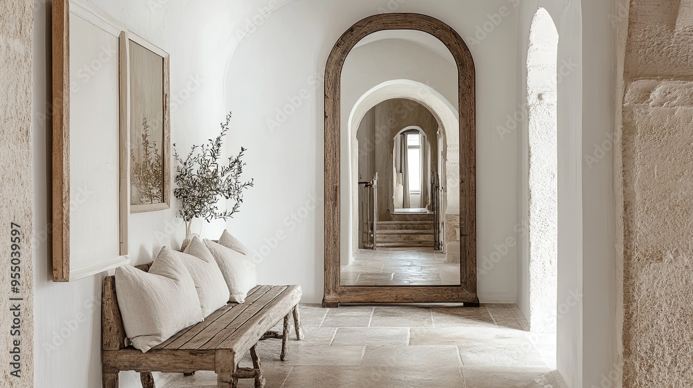 Elegant entryway with white arched walls, a rustic wooden bench, and a large mirror with a distressed wooden frame Elegant entryway with white arched walls, a rustic wooden bench, and a large mirror with a distressed wooden frame
