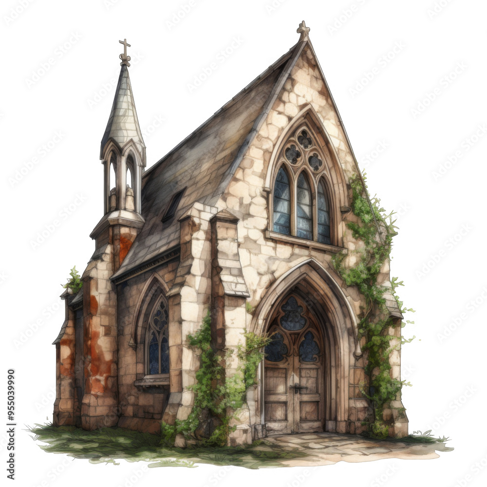 An Overgrown Stone Chapel with a Pointed Spire and Double Doors An Overgrown Stone Chapel with a Pointed Spire and Double Doors