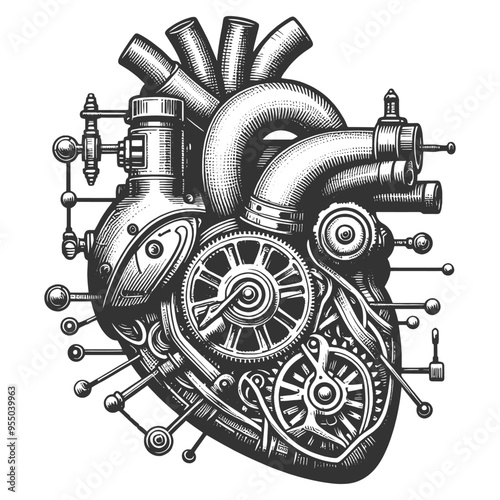Steampunk heart composed of gears, pipes, mechanical components, human anatomy with industrial design sketch engraving generative ai vector illustration. Scratch board imitation. Black and white image