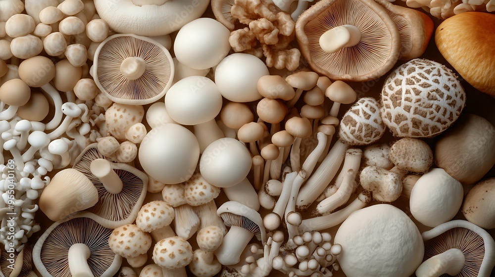 Assortment of diverse mushrooms in top-down view, highlighting textures, earthy tones, and natural beauty Assortment of diverse mushrooms in top-down view, highlighting textures, earthy tones, and natural beauty
