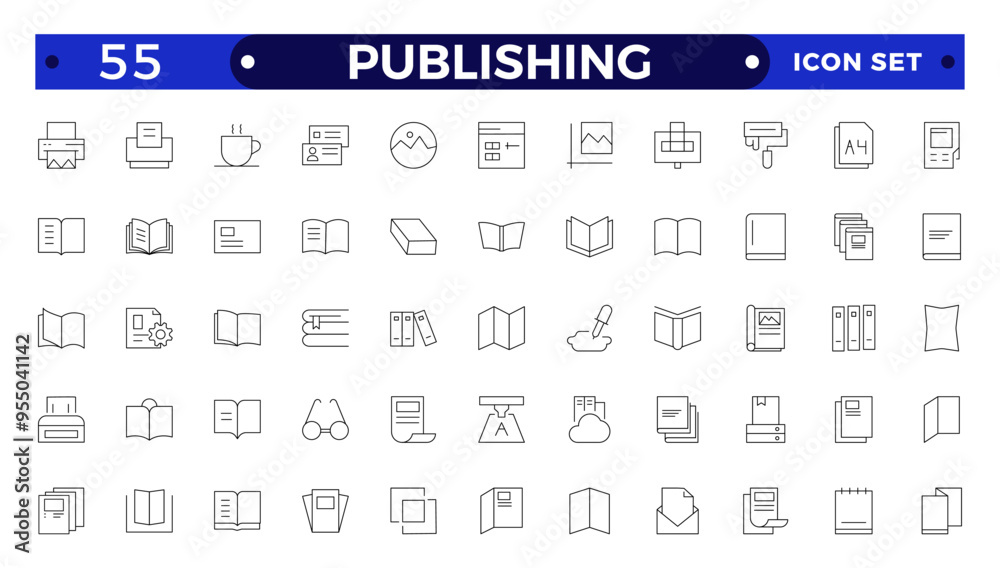 Publishing Outline icon. Flyer Brochure line icon set. letterhead, booklet, leaflet, corporate catalog, envelope. Publishing Outline icon. Flyer Brochure line icon set. letterhead, booklet, leaflet, corporate catalog, envelope.