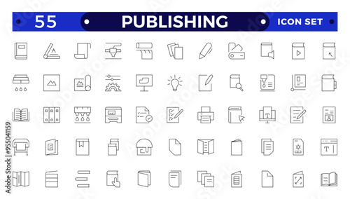 Publishing Outline icon. Flyer Brochure line icon set. letterhead, booklet, leaflet, corporate catalog, envelope.