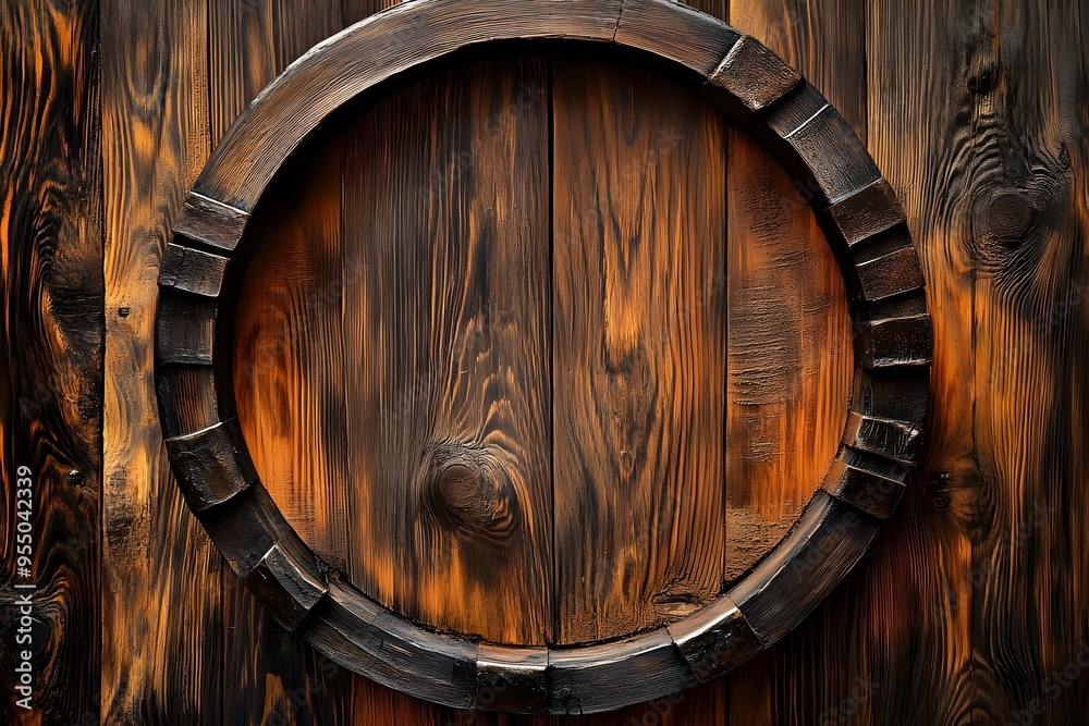 Fototapeta premium Vintage wooden barrel hoop on textured dark wood background, highlighting age, craftsmanship, and rustic charm