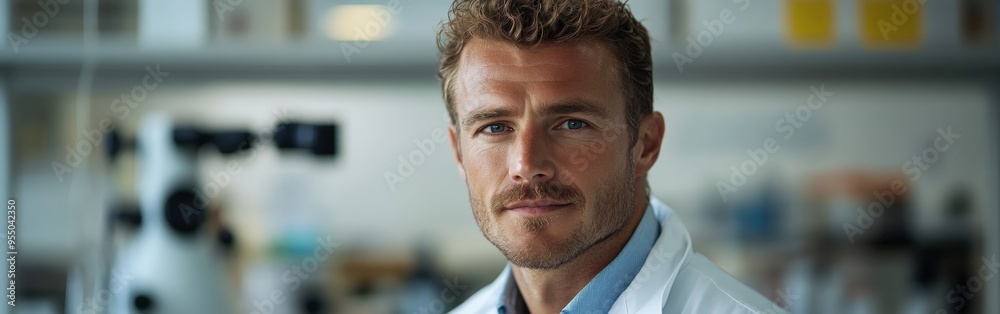 Confident Male Scientist Posed in Vivid Laboratory Setting Confident Male Scientist Posed in Vivid Laboratory Setting