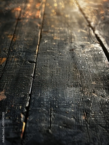 Rustic Wooden Surface with Warm Sunlight and Dust Particles