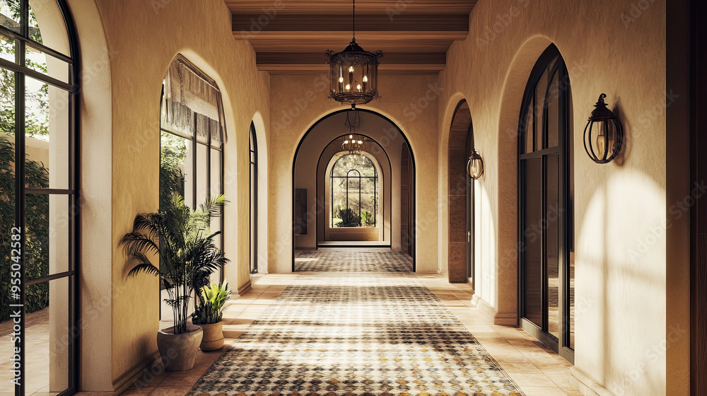 Fototapeta premium Modern Mediterranean hallway with arched walls, a bold patterned tile floor, and a wrought iron chandelier