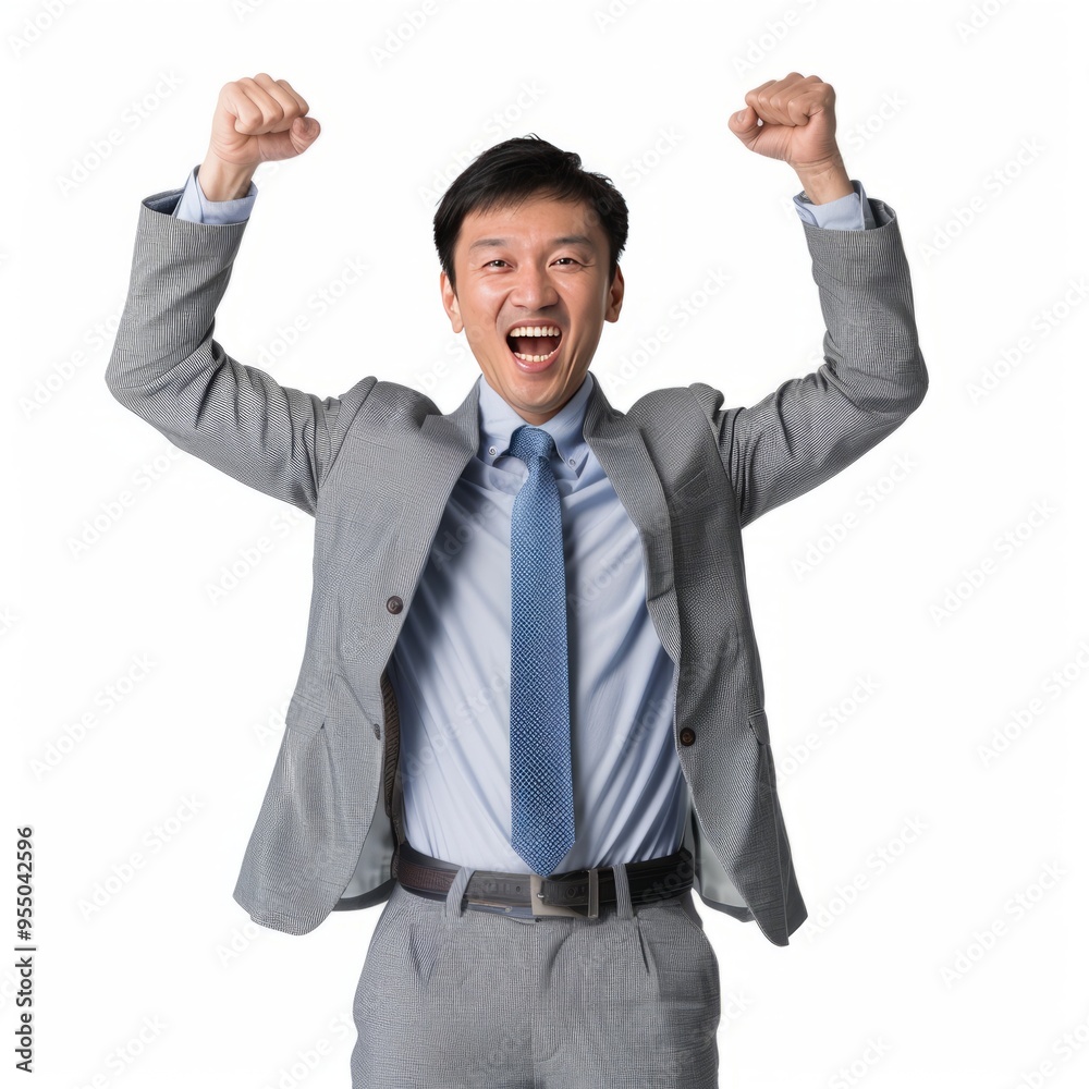 Young man celebrating success with raised arms wearing a suit in a studio against a neutral background Young man celebrating success with raised arms wearing a suit in a studio against a neutral background