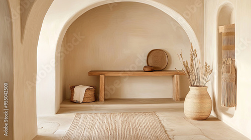 Modern Mediterranean entryway with arched walls, featuring a wooden console table, ceramic vase, and a woven rug in neutral tones --ar 16:9 photo