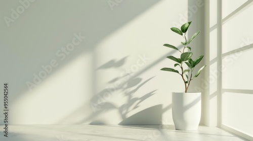 Green Plant in White Pot Against a Light Blue Wall