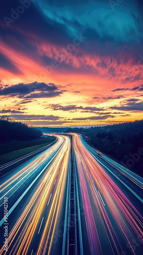 A symphony of light streaks dance across the asphalt as cars traverse the highway under a vibrant dusk sky.
