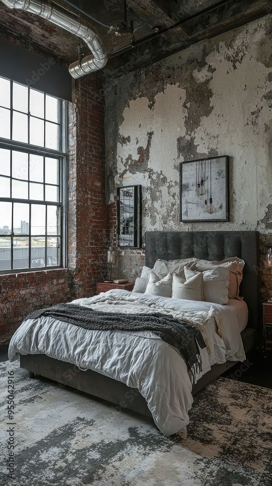 A Modern Industrial Bedroom with Exposed Brick Walls and a City View A Modern Industrial Bedroom with Exposed Brick Walls and a City View