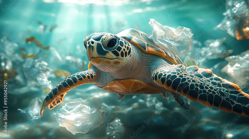 Obraz premium A sea turtle struggling to swim through floating plastic bags in a heavily polluted ocean