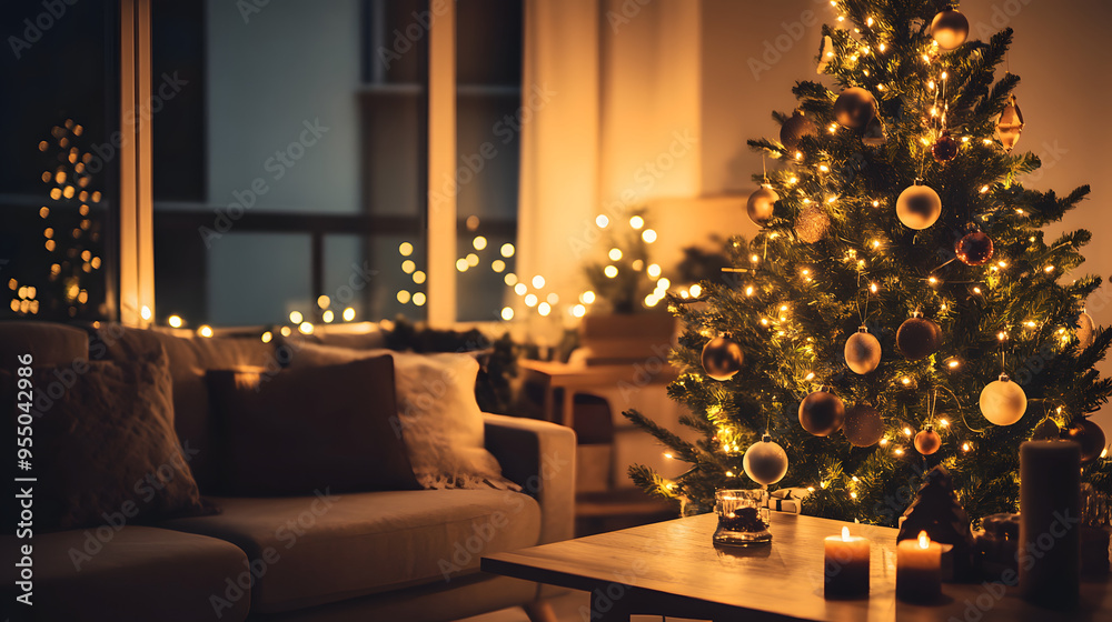 Cozy living room featuring a beautifully decorated Christmas tree with glowing lights and festive ornaments, creating a warm and inviting holiday atmosphere perfect for festive home decor. Cozy living room featuring a beautifully decorated Christmas tree with glowing lights and festive ornaments, creating a warm and inviting holiday atmosphere perfect for festive home decor.