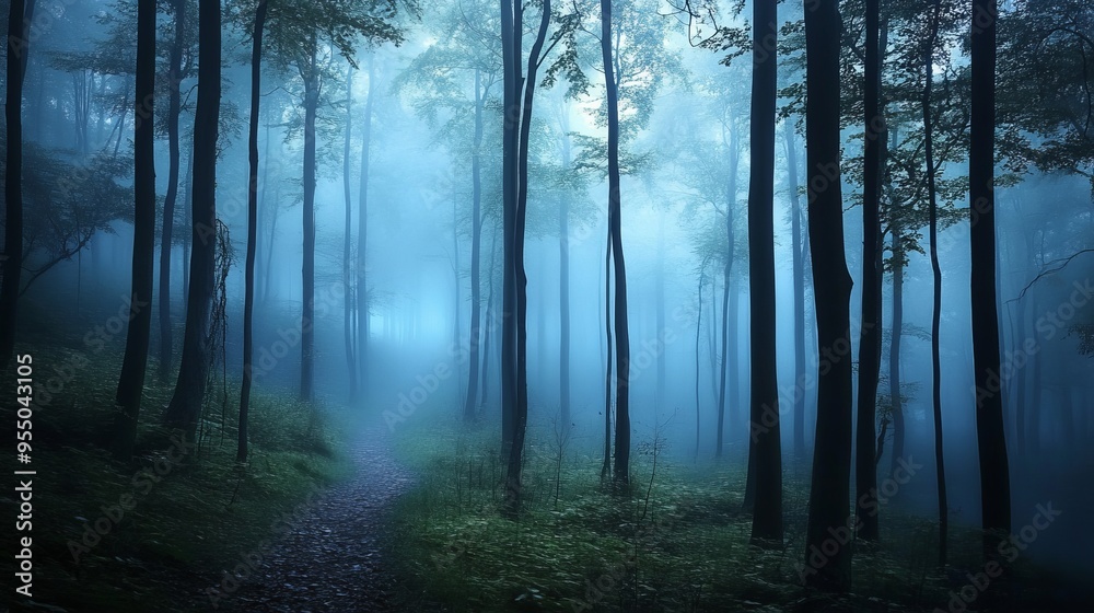 A mysterious path winds through a dense, fog-filled forest, the trees standing tall and silent. A mysterious path winds through a dense, fog-filled forest, the trees standing tall and silent.