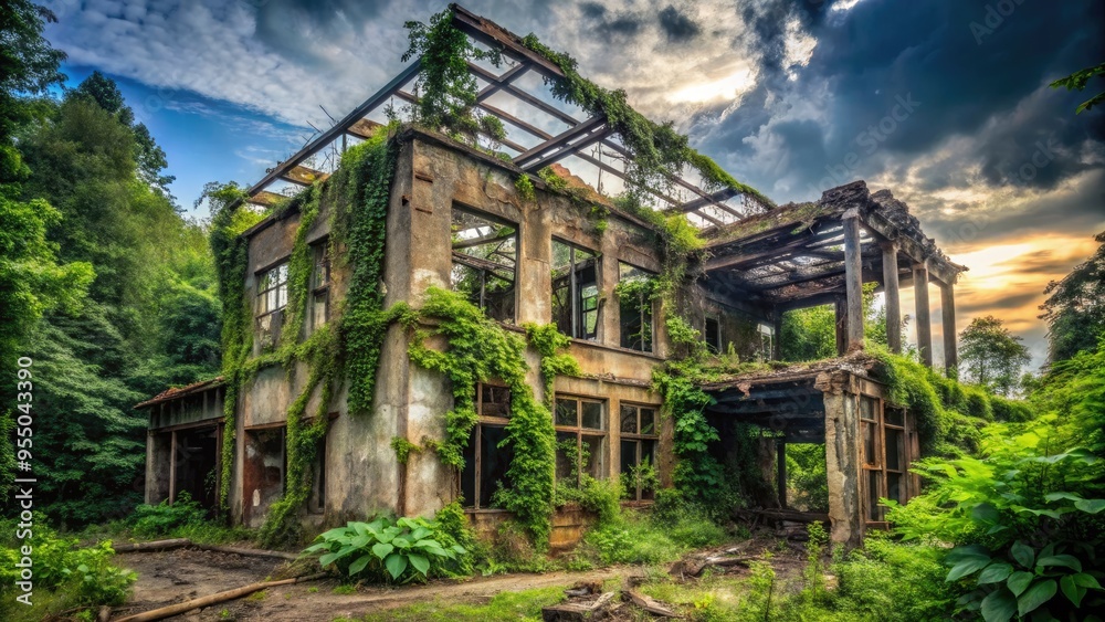 A crumbling, abandoned building stands amidst overgrown vegetation, its broken windows and twisted metal framework evoking a sense of hopeless desolation and utter defeat. A crumbling, abandoned building stands amidst overgrown vegetation, its broken windows and twisted metal framework evoking a sense of hopeless desolation and utter defeat.