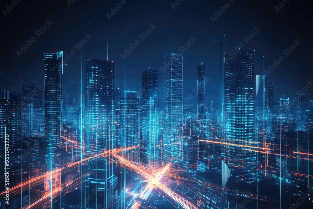 Fototapeta premium Futuristic Cityscape with Glowing Lines and Traffic Streaks