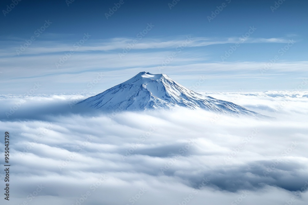 A distant snow-capped volcano rising above the clouds A distant snow-capped volcano rising above the clouds
