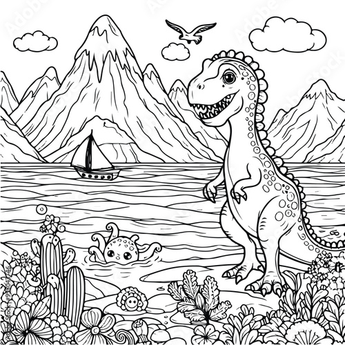 coloring draw dinosaur trex in the sea illustration background and happy black and white version good for kids