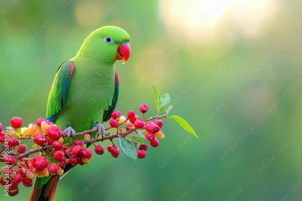 Green Parrot Perched on a Branch with Red Berries Green Parrot Perched on a Branch with Red Berries