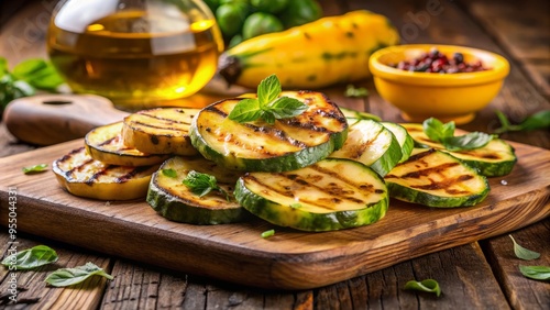 Freshly grilled summer squash slices, slightly charred and tender, glisten with olive oil on a rustic wooden cutting board against a warm seasonal background. photo