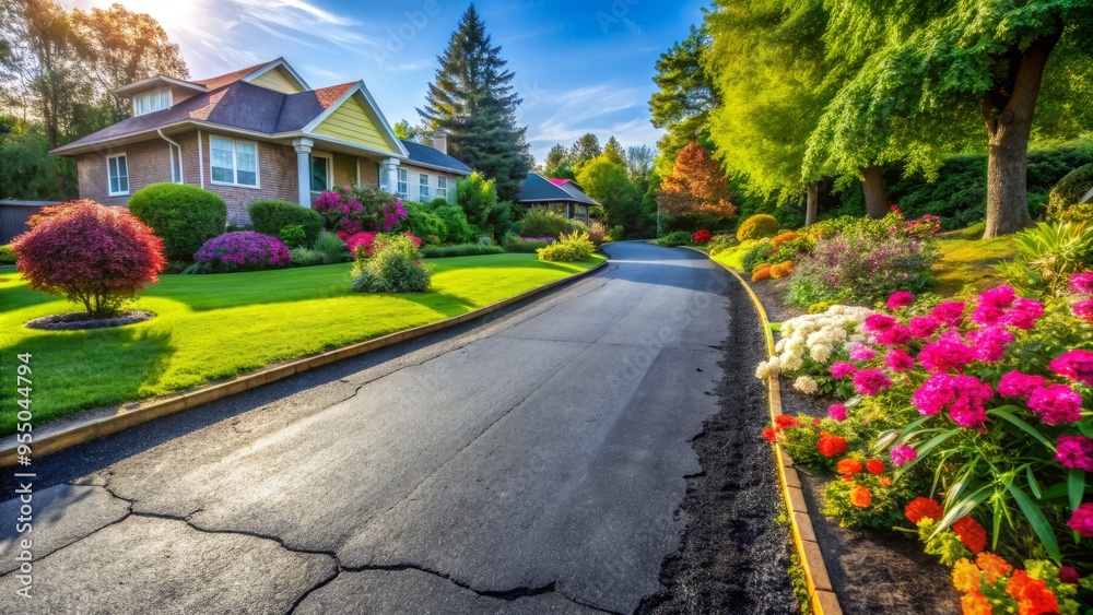 Freshly poured asphalt and healing joints mend cracked driveway, contrasted against lush green lawn and vibrant flowers in a beautifully restored residential landscape. Freshly poured asphalt and healing joints mend cracked driveway, contrasted against lush green lawn and vibrant flowers in a beautifully restored residential landscape.