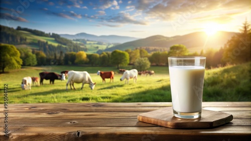 Freshly poured glass of cold milk on rustic wooden table against blurred pastoral landscape with cows grazing peacefully in the background.