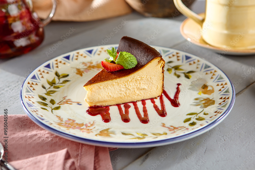 Authentic Basque Cheesecake (San Sebastian Cheesecake) with Strawberry Garnish and Mint on Floral Plate Authentic Basque Cheesecake (San Sebastian Cheesecake) with Strawberry Garnish and Mint on Floral Plate