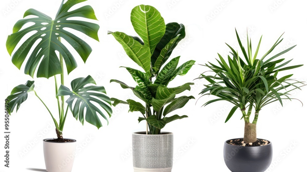 Obraz premium Three Potted Plants with Different Leaf Textures