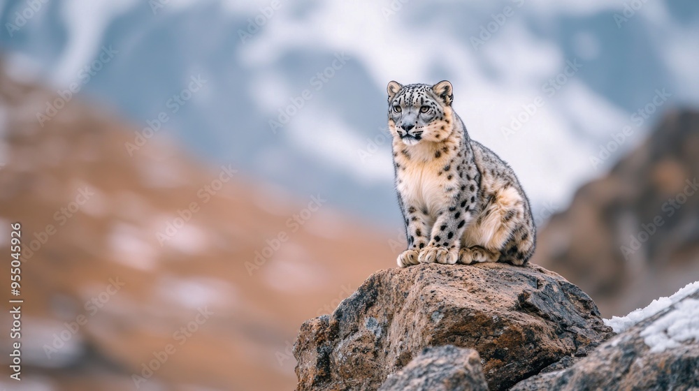 Snow Leopard Sitting on a Rock in Mountainous Landscape Snow Leopard Sitting on a Rock in Mountainous Landscape