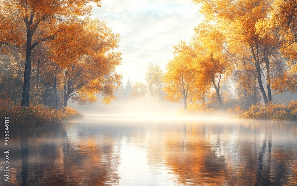 a quiet riverbank in an autumn park with a row of colorful trees reflecting on the still water, soft morning mist rising from the river a quiet riverbank in an autumn park with a row of colorful trees reflecting on the still water, soft morning mist rising from the river