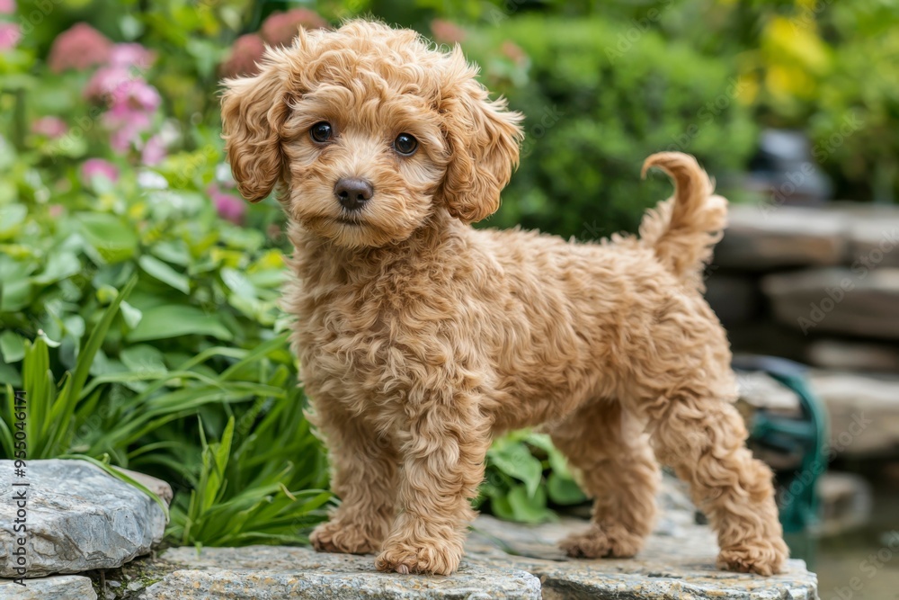 A Golden Puppy Standing on Rocks in a Garden A Golden Puppy Standing on Rocks in a Garden