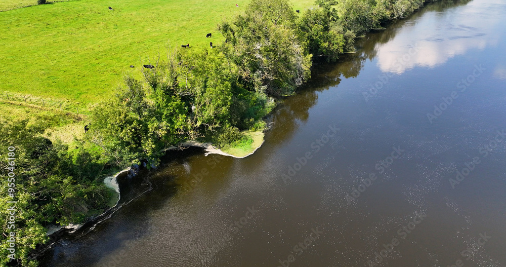 Aerial view of Blue green algae at the Canoe trail at Movanagher Lock Kilrea on The River Bann from Lough Neagh Northern Ireland Aerial view of Blue green algae at the Canoe trail at Movanagher Lock Kilrea on The River Bann from Lough Neagh Northern Ireland