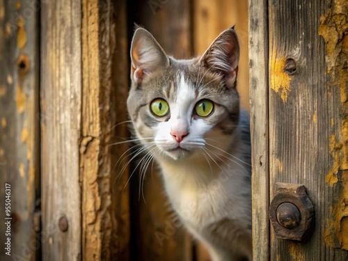 Adorable curious grey and white cat with bright green eyes peeking out from behind a vintage distressed wooden door in warm golden light.