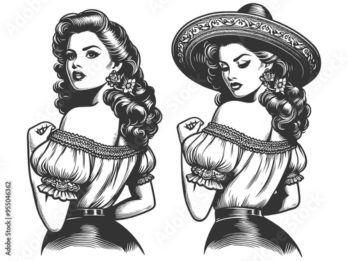 Latina woman in traditional dress, featuring detailed hair and a sombrero sketch engraving generative ai fictional character vector illustration. Scratch board imitation. Black and white image.